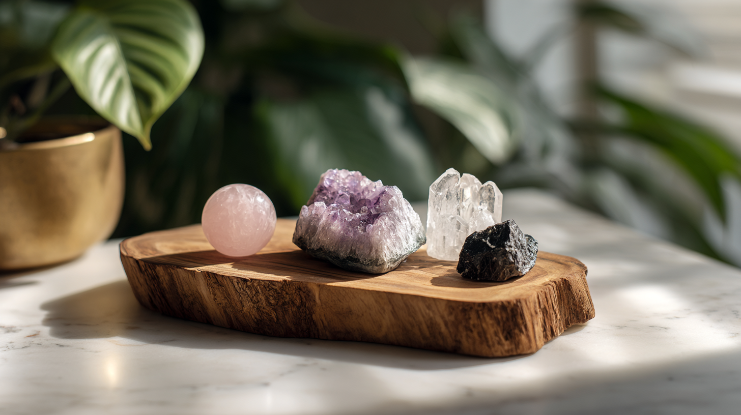 Kristalle (Bergkristall, Rosenquarz, Amethyst, Schwarzer Turmalin) auf einem Holzbrett mit einer Pflanze im Hintergrund